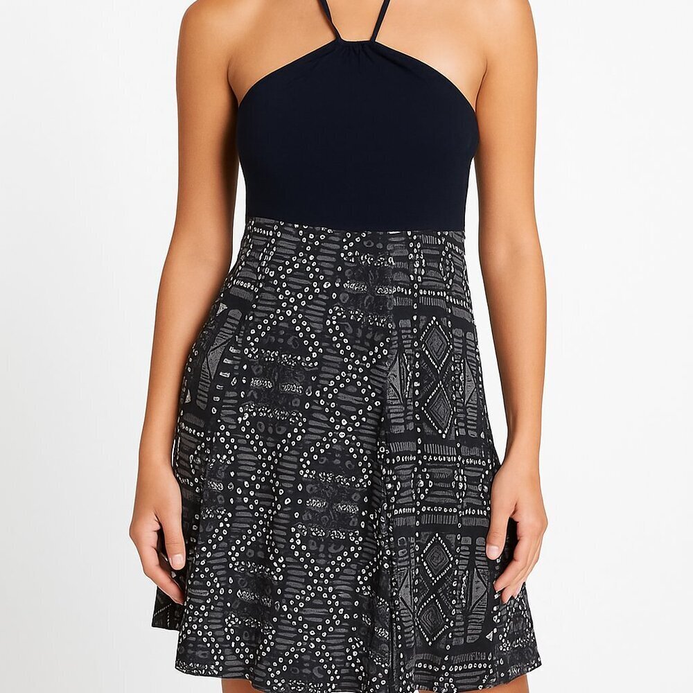 Prana Solana Black Gray Geometric Halter Tie Neck Mini Dress Womens Small